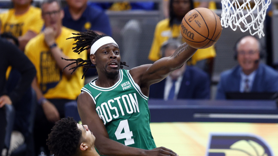 Getty Images - Indianapolis, IN - May 27: Boston Celtics guard Jrue Holiday passes under the basket in the second quarter of Game 4 of the 2024 Eastern Conference Finals. (Photo by Danielle Parhizkaran/The Boston Globe via Getty Images)