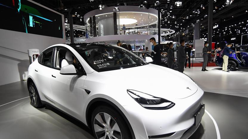 SHANGHAI, CHINA - APRIL 20:  A Tesla Model Y car is on displayed during the 19th Shanghai International Automobile Industry Exhibition, also known as Auto Shanghai 2021, at National Exhibition and Convention Center (Shanghai) on April 20, 2021 in Shanghai, China.  (Photo by Zhe Ji/Getty Images)