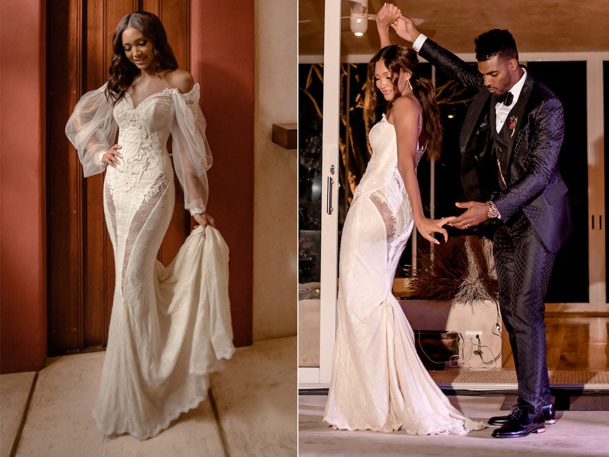 A bride wore a sparkly wedding dress with transparent cutouts and removable sleeves to her destination wedding