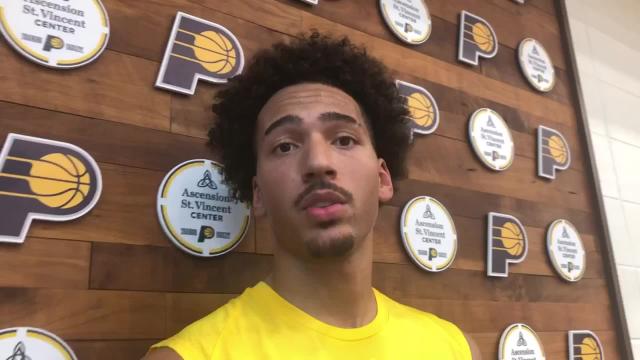 Jalen Wilson speaks to the media after a Pacers draft workout.