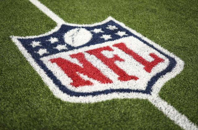 ORCHARD PARK, NY - SEPTEMBER 17: An NFL Shield logo is painted on the field prior to an NFL football game between the Buffalo Bills and the Las Vegas Raiders at Highmark Stadium on September 17, 2023 in Orchard Park, New York. (Photo by Kevin Sabitus/Getty Images)