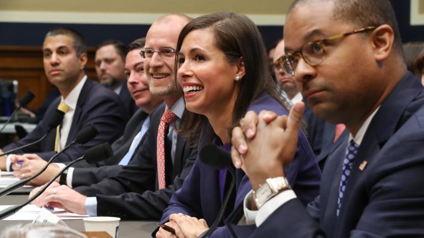 WASHINGTON, DC - DECEMBER 05: Federal Communication Commission Chairman Ajit Pai and commissioners Michael O'Rielly, Brendan Carr, Jessica Rosenworcel and Geoffrey Starks testify before the House Energy and Commerce Committee's Communications and Technology Subcommittee in the Rayburn House Office Building on Capitol Hill December 05, 2019 in Washington, DC. All five of the FCC commissioners testified before the subcommittee, which is tasked with oversight of the commission. (Photo by Chip Somodevilla/Getty Images)