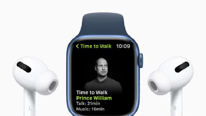 Prince William shown on an Apple Watch for his guest appearance on Apple Fitness+ series Time to Walk. The Watch has two AirPods at either side.