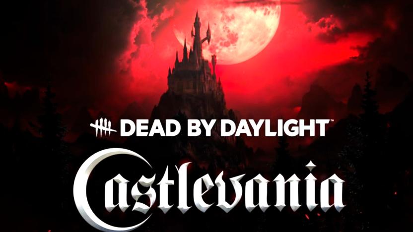 A distant gothic castle is in shadow against a full moon and blood red sky. The Dead by Daylight and Castlevania logos are superimposed.