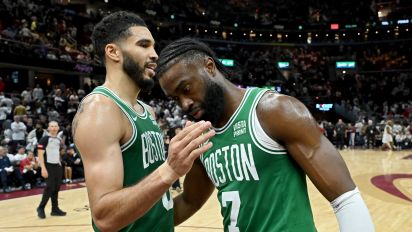 Getty Images - CLEVELAND, OHIO - MAY 13: (L-R) Jayson Tatum #0 of the Boston Celtics and Jaylen Brown #7 of the Boston Celtics celebrate after Game Four of the Eastern Conference Second Round Playoffs at Rocket Mortgage Fieldhouse on May 13, 2024 in Cleveland, Ohio. NOTE TO USER: User expressly acknowledges and agrees that, by downloading and or using this photograph, User is consenting to the terms and conditions of the Getty Images License Agreement. (Photo by Nick Cammett/Getty Images)