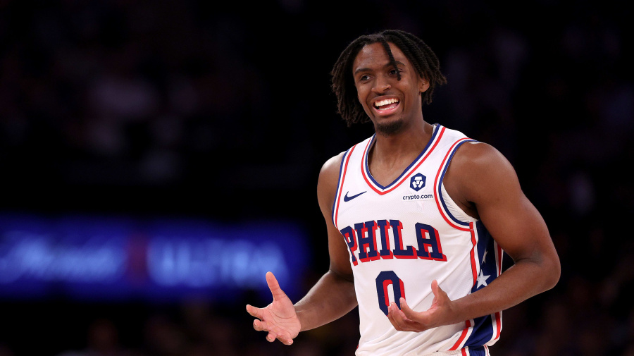 Getty Images - NEW YORK, NEW YORK - APRIL 30: Tyrese Maxey #0 of the Philadelphia 76ers reacts in the fourth quarter against the New York Knicks  at Madison Square Garden on April 30, 2024 in New York City. The Philadelphia 76ers defeated the New York Knicks 112-106 in overtime. NOTE TO USER: User expressly acknowledges and agrees that, by downloading and or using this photograph, User is consenting to the terms and conditions of the Getty Images License Agreement. (Photo by Elsa/Getty Images)