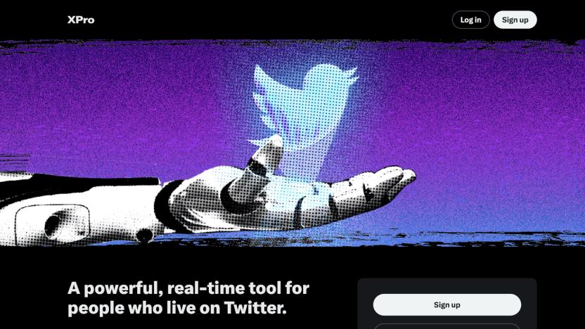 A screenshot of the TweetDeck landing page showing its new name "XPro" and a robotic hand with the Twitter bird logo.