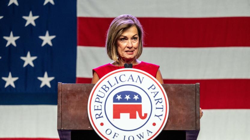 Iowa Governor Kim Reynolds speaks at the Republican Party of Iowa's 2023 Lincoln Dinner at the Iowa Events Center in Des Moines, Iowa, on July 28, 2023. (Photo by Sergio FLORES / AFP) / "The erroneous mention[s] appearing in the metadata of this photo by Sergio FLORES has been modified in AFP systems in the following manner: [Iowa Governor Kim Reynolds] instead of [US senator Joni Ernst]. Please immediately remove the erroneous mention[s] from all your online services and delete it (them) from your servers. If you have been authorized by AFP to distribute it (them) to third parties, please ensure that the same actions are carried out by them. Failure to promptly comply with these instructions will entail liability on your part for any continued or post notification usage. Therefore we thank you very much for all your attention and prompt action. We are sorry for the inconvenience this notification may cause and remain at your disposal for any further information you may require." (Photo by SERGIO FLORES/AFP via Getty Images)