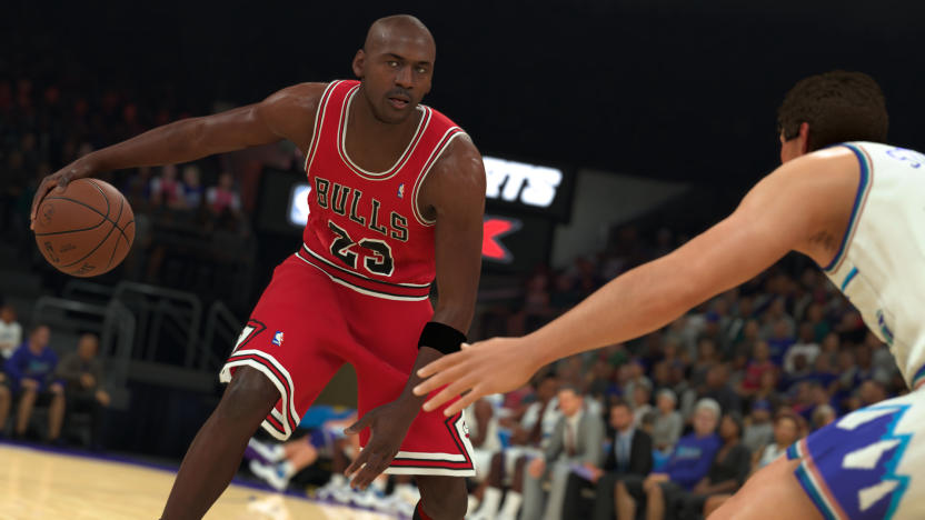 A computer-generated version of Michael Jordan wears a Chicago Bulls uniform and dribbles a basketball on the court in NBA 2K23.