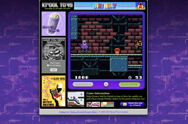 A screenshot McDonald's Grimace Game Boy game showing Grimace on a skateboard against a 2D pixel background of red bricks and exposed pipes.