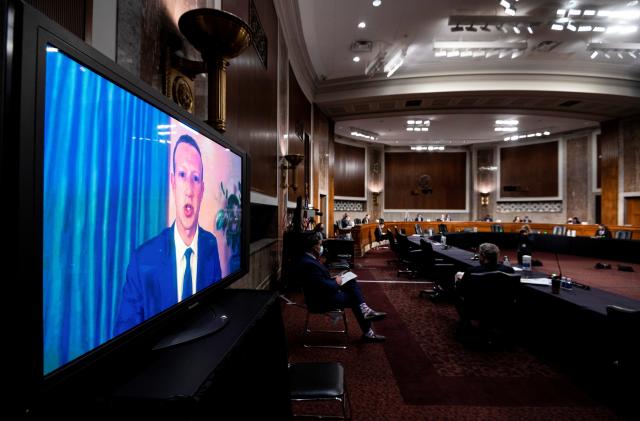 Mark Zuckerberg, Chief Executive Officer of Facebook, testifies remotely during the Senate Judiciary Committee hearing on "Breaking the News: Censorship, Suppression, and the 2020 Election", in Washington, U.S., November 17, 2020. Bill Clark/Pool via REUTERS