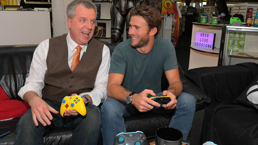 LOS ANGELES, CA - SEPTEMBER 29:  Larry Hyrb XBox Live's Major Nelson (L) and Scott Eastwood participate in Xbox Live Sessions With Scott Eastwood For Cuphead on Mixer.com/xbox at Meltdown Comics and Collectibles on September 29, 2017 in Los Angeles, California.  (Photo by Charley Gallay/Getty Images for Xbox Live )