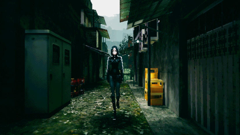 A computer-generated image of a person in a tracksuit walking in an alleyway.