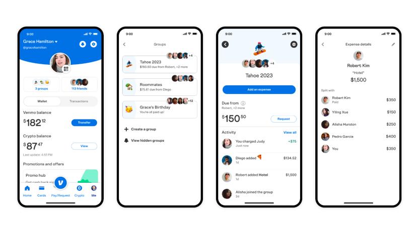 Screenshots of Venmo's Groups feature, depicting users figuring out how much money they owe each other, and settling up their shared expenses.