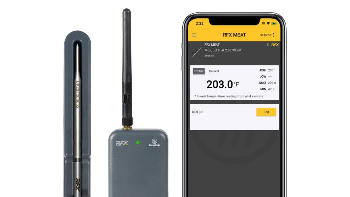 ThermoWorks RFX Meat uses radio waves to send temperature stats to a cloud connected device and your phone. 