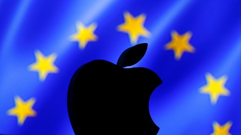 FILE PHOTO: A 3D printed Apple logo is seen in front of a displayed European Union flag in this illustration taken September 2, 2016. REUTERS/Dado Ruvic/Illustration/File Photo