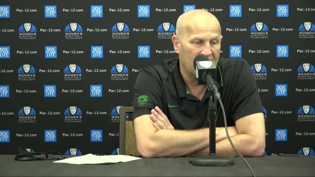 Head coach Kelly Graves addresses media after Oregon women's basketball falls in the quarterfinals of the 2021 Pac-12 Women's Basketball Tournament