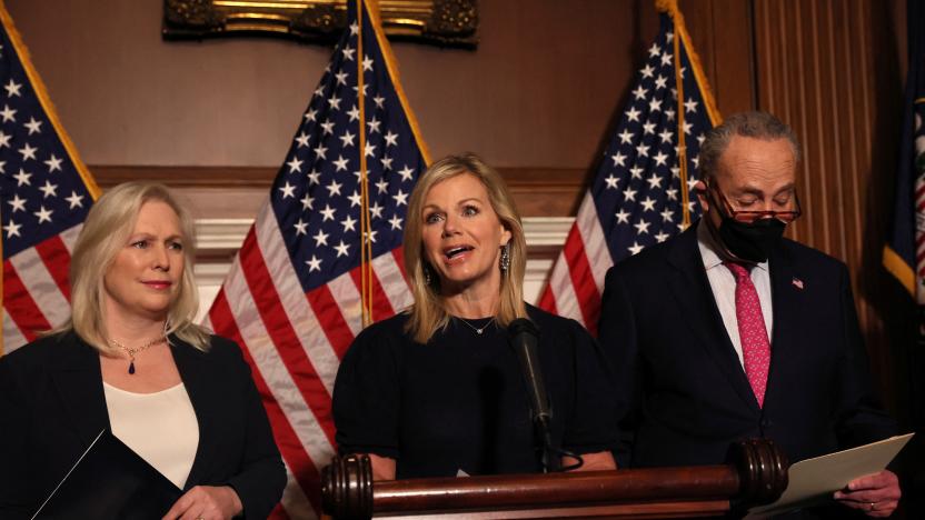 Former Fox News Anchor, Gretchen Carlson speaks to reporters with U.S. Senator Kirsten Gillibrand (D-NY) and Senate Majority Leader Chuck Schumer (D-NY) following the passage of the bill, known as the Ending Forced Arbitration of Sexual Assault and Sexual Harassment Act on Capitol Hill in Washington, U.S., February 10, 2022.  REUTERS/Brendan McDermid