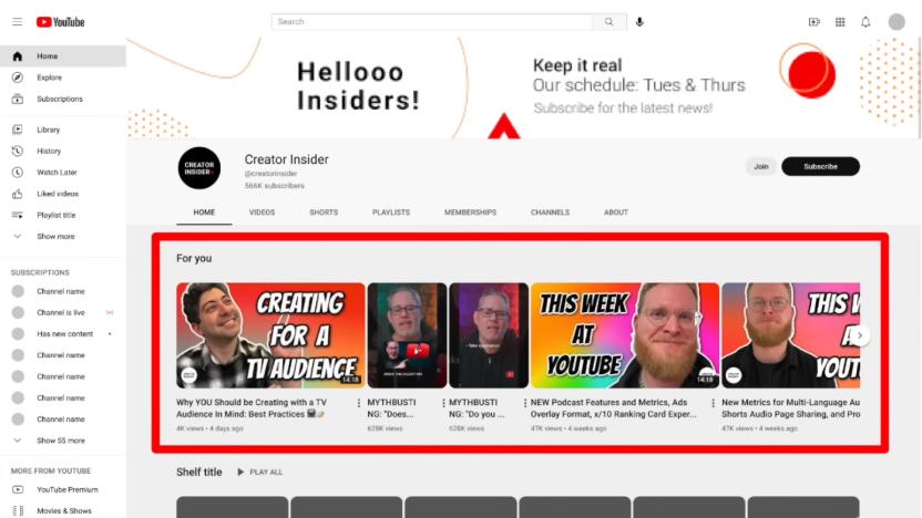 Screenshot of a new feature for YouTube that shows personalized "For You" recommendations on channel pages.