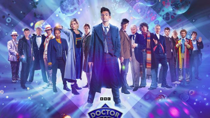 Promotional image for 'Doctor Who's 60th anniversary that, awfully and terribly, decided to put Sylvester McCoy on the furthest left rather than front and center, where he should be.