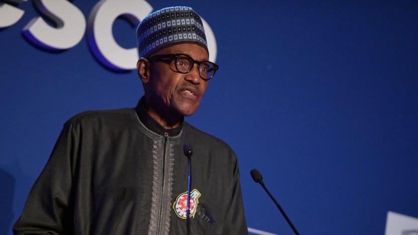 Nigeria's President Muhammadu Buhari gives a speech during the 75th anniversary celebrations of The United Nations Educational, Scientific and Cultural Organization (UNESCO) at UNESCO headquarters in Paris on November 12, 2021. (Photo by JULIEN DE ROSA / POOL / AFP) (Photo by JULIEN DE ROSA/POOL/AFP via Getty Images)