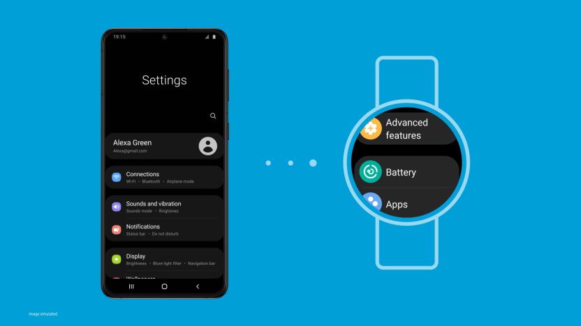 A screenshot showing the new Samsung One UI Watch experience based on Wear OS. A phone showing a Settings screen on the left, three dots in the middle and a watch on the right showing similar Settings.