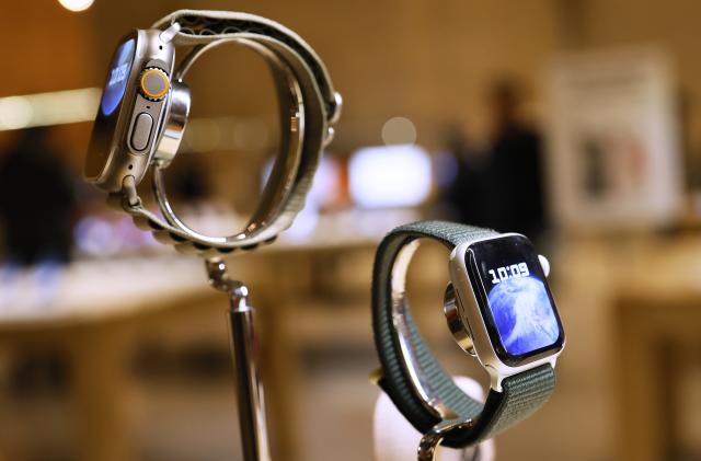 NEW YORK, NEW YORK - DECEMBER 18: Apple watches are seen on display at the Apple Store in Grand Central Station on December 18, 2023 in New York City. Apple announced that it will halt the sale of its Apple Watch Series 9 and Apple Watch Ultra 2 in the U.S. as early as this week. The decision comes from an ongoing dispute with medical technology company Masimo over its blood oxygen feature. The company has said that a review period is underway with the International Trade Commission related to Apple Watch devices containing a blood oxygen feature. (Photo by Michael M. Santiago/Getty Images)