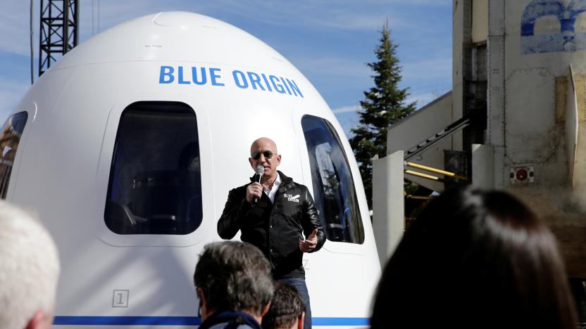 Amazon and Blue Origin founder Jeff Bezos addresses the media about the New Shepard rocket booster and Crew Capsule mockup at the 33rd Space Symposium in Colorado Springs, Colorado, United States April 5, 2017.  REUTERS/Isaiah J. Downing