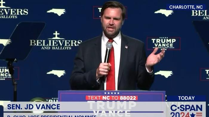 Republican vice presidential candidate JD Vance speaks at the Believers and Ballots rally in Charlotte, North Carolina. 