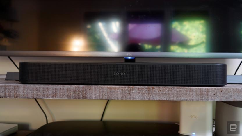 Sonos Beam (Gen 2) soundbar placed in front of a TV.