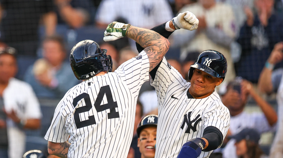 Getty Images - BRONX, NY - MAY 07: Alex Verdugo #24 of the New York Yankees high fives Juan Soto #22 after he hits a 3 run home run in the first inning of the game against the Houston Astros on May 7, 2024 at Yankee Stadium in the Bronx, New York.  (Photo by Rich Graessle/Icon Sportswire via Getty Images)