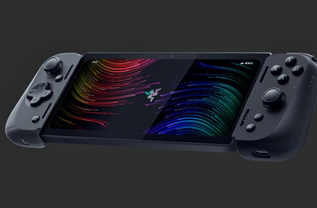 The Razer Edge cloud gaming handheld console seen floating in a dark grey void.
