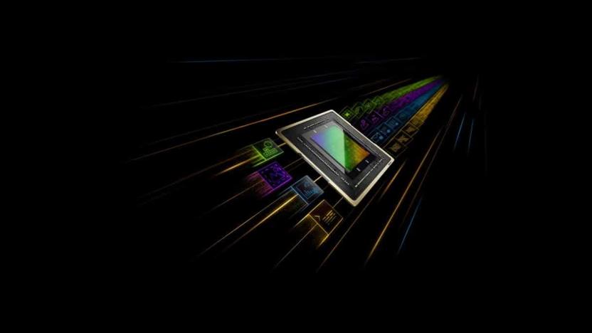 Illustration showing a GPU chip and its carious cores, such as ray-tracing cores and tensor cores.