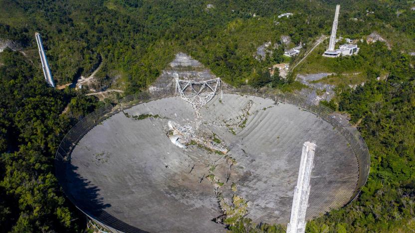 This aerial view shows the damage at the Arecibo Observatory after one of the main cables holding the receiver broke in Arecibo, Puerto Rico, on December 1, 2020. - The radio telescope in Puerto Rico, which once starred in a James Bond film, collapsed Tuesday when its 900-ton receiver platform fell 450 feet (140 meters) and smashed onto the radio dish below. (Photo by Ricardo ARDUENGO / AFP) (Photo by RICARDO ARDUENGO/AFP via Getty Images)