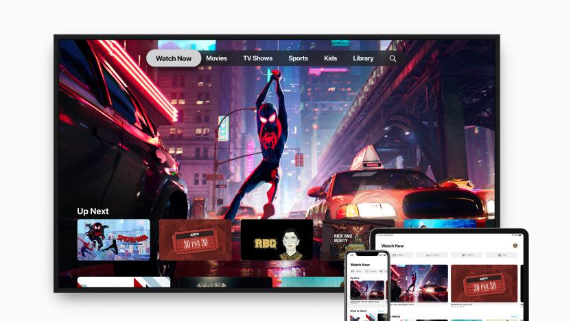 A promotional image for Apple TV showing a TV screen, tablet and smartphone.