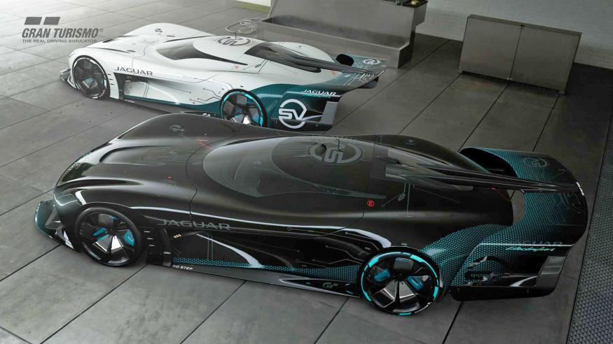 Jaguar built a real-life version of its Gran Turismo virtual race car, shown here in a minimalist grey environment.