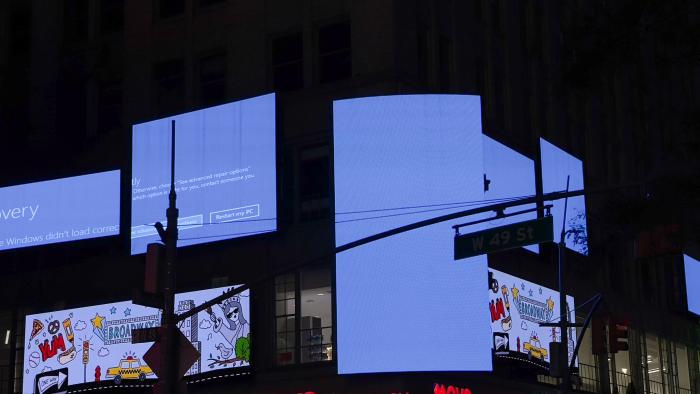 NEW YORK, US - JULY 19: Digital boards are seen due to the global communications outage caused by CrowdStrike, which provides cyber security services to US technology company Microsoft, it was observed that some digital billboards in Times Square in New York City, United States, displayed a blue screen and some screens went completely black on July on 19, 2024. (Photo by Selcuk Acar/Anadolu via Getty Images)