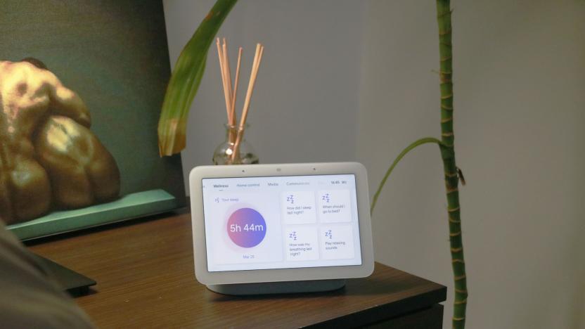 Google Nest Hub 2021 (2nd gen) photo. Picture of Google's newest smart display on a nightstand.