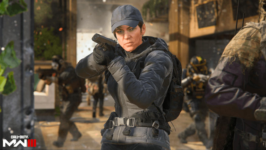 A computer graphic illustration of a person holding a gun. In the background are other people wearing tactical gear.