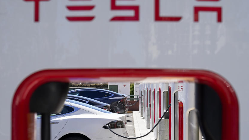 File - Tesla vehicles charge at a station in Emeryville, Calif., Wednesday, Aug. 10, 2022. Tesla reports earnings on Wednesday, Oct. 18, 2023 (AP Photo/Godofredo A. Vásquez, File)