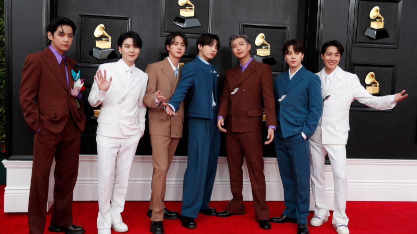 BTS pose on the red carpet as they attend the 64th Annual Grammy Awards at the MGM Grand Garden Arena in Las Vegas, Nevada, U.S., April 3, 2022. REUTERS/Maria Alejandra Cardona