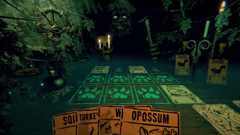 A still from the video game 'Inscryption' showing an eerie card table with candles and cards.