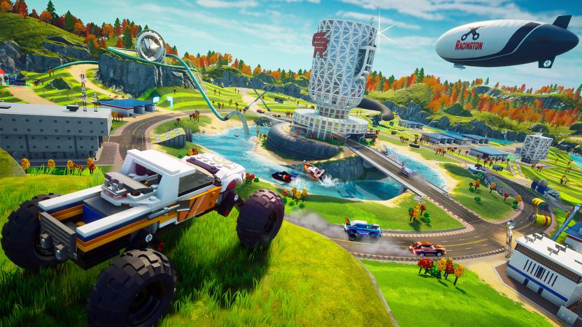 Key art of Lego 2K Drive, showing a Lego off-road vehicle on a hilltop with a large trophy-like structure, a blimp and a road in the background.