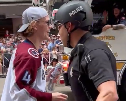 Police officer tries to stop Bowen Byram from rejoining Avalanche