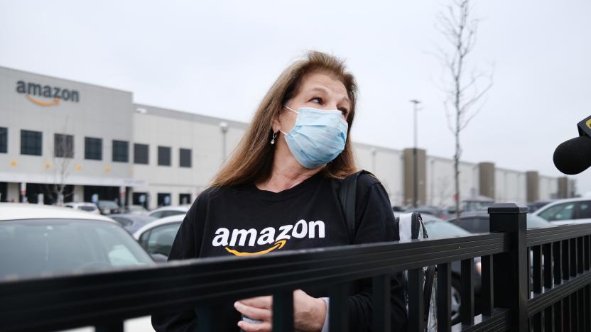 NEW YORK, NEW YORK - MARCH 30: Amazon employees hold a protest and walkout over conditions at the company's Staten Island distribution facility on March 30, 2020 in New York City. Workers at the facility, which has had numerous employees test positive for the coronavirus, want to call attention to what they say is a lack of protections for employees who continue to come to work amid the coronavirus outbreak. (Photo by Spencer Platt/Getty Images)