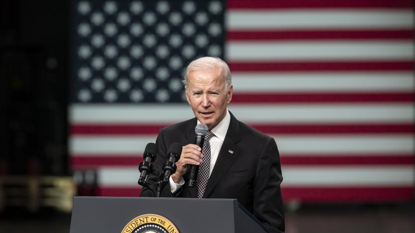 POUGHKEEPSIE, NEW YORK, UNITED STATES - 2022/10/06: President Joe Biden Jr. delivers remarks at IBM facility. The President praised the CHIPS and Science Act passed by Congress and signed by him to increase funding for research and development as well as to manufacture hi-tech stuff in America. He was joined by IBM Chairman and CEO Arvind Krishna who announced that IBM will invest $20 billion in the next 10 years across all facilities in Hudson Valley. (Photo by Lev Radin/Pacific Press/LightRocket via Getty Images)