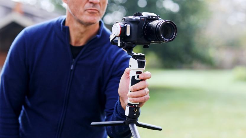 Zhiyun's three-axis camera gimbal houses an LED light and small display