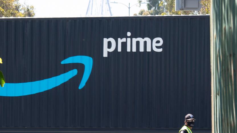 An Amazon Prime delivery truck drives through the Port of Los Angeles and Long Beach April 22, 2020 in Long Beach, California. (Photo by Robyn Beck / AFP) (Photo by ROBYN BECK/AFP via Getty Images)