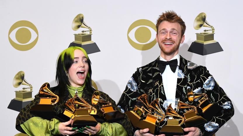 LOS ANGELES, CALIFORNIA - JANUARY 26: Billie Eilish and Finneas O'Connel poses at the 62nd Annual GRAMMY Awards at Staples Center on January 26, 2020 in Los Angeles, California. (Photo by Steve Granitz/WireImage)