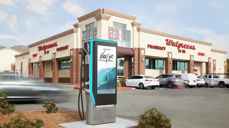 A Volta EV charging station outside a Walgreens store.